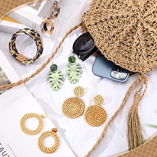 Hicarer Beach Purse Earrings Set Straw Bag Vacation Purse with 4 Rattan Boho Tropical Earrings Leopard Bracelet