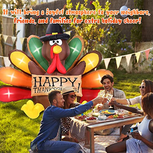 MICOCAH 6FT Thanksgiving Inflatables Turkey Decor with Pilgrim Hat & Colorful Tail, Build in LEDs Blow up Turkey Inflatable Outdoor Indoor Lawn Yard Thanksgiving Decorations - Autumn Holiday Harvest