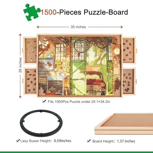 ALL4JIG 1500 Piece Rotating Puzzle Board with Drawers and Cover,26"x35"Portable Wooden Jigsaw Puzzle Table for Adults Portable,Lazy Susan Spinning Puzzle Boards Birthday Gift for mom