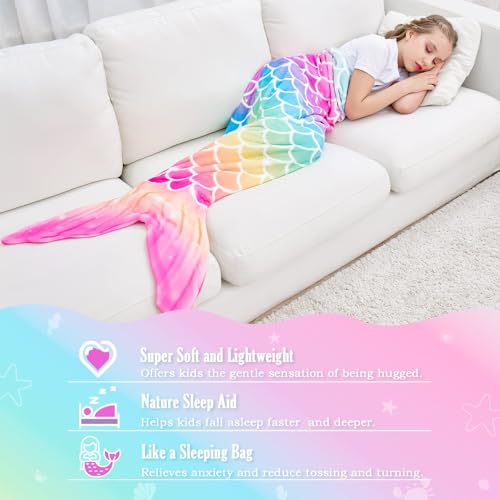 WERNNSAI Mermaid Tail Blanket - Plush Mermaid Wearable Blanket for Girls Teens All Seasons Soft Flannel Snuggle Blanket little Mermaid Scale Sleeping Bag 55" x 24" (Rainbow)