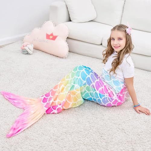 WERNNSAI Mermaid Tail Blanket - Plush Mermaid Wearable Blanket for Girls Teens All Seasons Soft Flannel Snuggle Blanket little Mermaid Scale Sleeping Bag 55" x 24" (Rainbow)