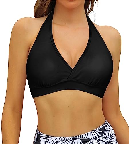 Women's Supportive Halter Bikini Padded Push Up Ruched Bust Hook Back Swimsuit Bathing Suit Tops Only