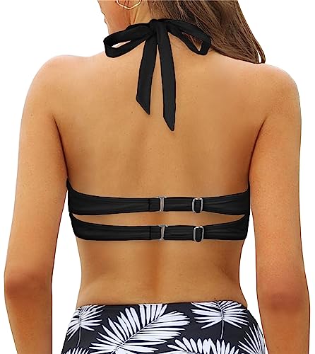 Women's Supportive Halter Bikini Padded Push Up Ruched Bust Hook Back Swimsuit Bathing Suit Tops Only