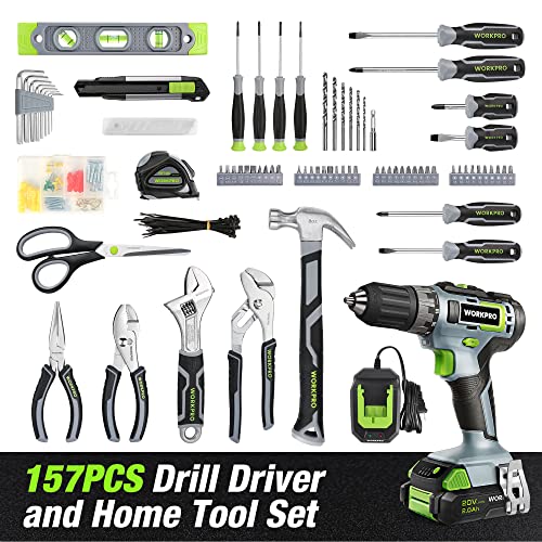 WORKPRO Home Tool Set with Power Drill, 157PCS Power Drill Sets with 20V Cordless Lithium-ion Drill Driver, Home Tool Kit for All Purpose, Cordless Drill Set Combo Kit With Tool Bag