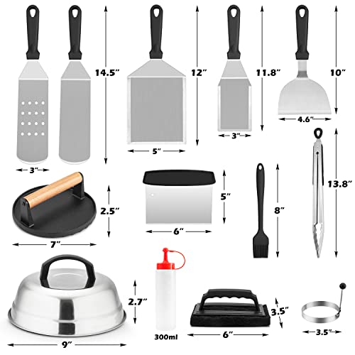 HaSteeL Griddle Accessories Kit of 18, Teppanyaki Tools for Flat Top Cooking Grilling Camping, Stainless Steel Melting Dome, Metal spatulas, Bacon Press for Outdoor BBQ, Heavy Duty & Dishwasher Safe