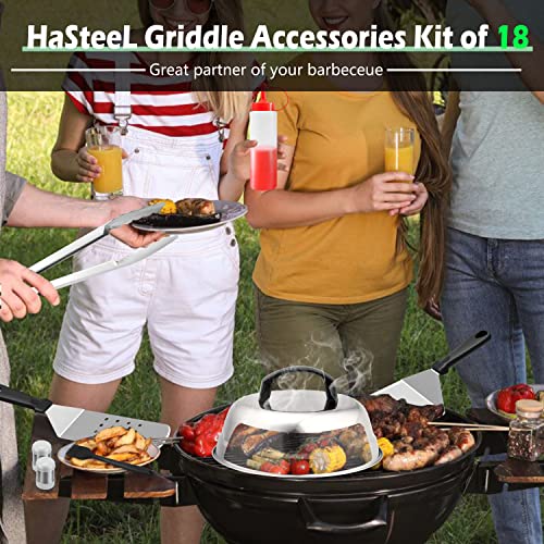 HaSteeL Griddle Accessories Kit of 18, Teppanyaki Tools for Flat Top Cooking Grilling Camping, Stainless Steel Melting Dome, Metal spatulas, Bacon Press for Outdoor BBQ, Heavy Duty & Dishwasher Safe