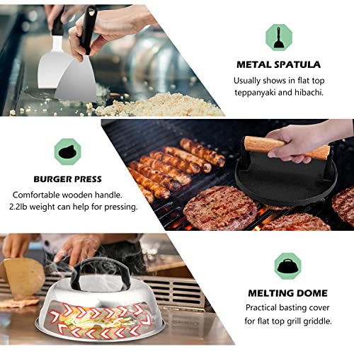 HaSteeL Griddle Accessories Kit of 18, Teppanyaki Tools for Flat Top Cooking Grilling Camping, Stainless Steel Melting Dome, Metal spatulas, Bacon Press for Outdoor BBQ, Heavy Duty & Dishwasher Safe