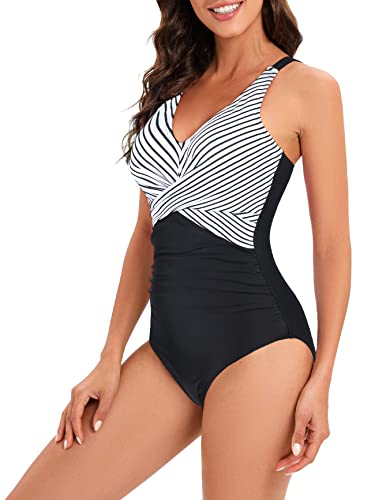 American Trends Swimsuit Women One Piece Tummy Control Bathing Suit for Women Modest V Neck Swimwear