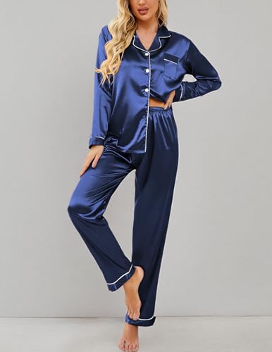 Ekouaer Women's Classic Button Down Long Satin Silk Pajama Set,Small,Navy Blue