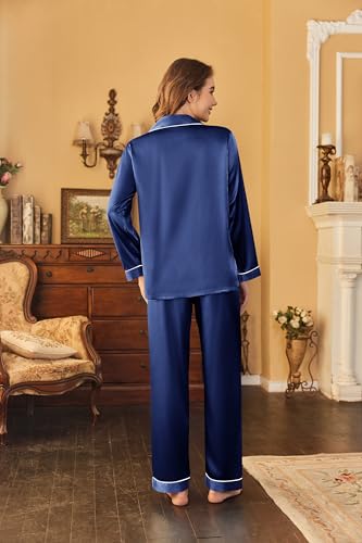 Ekouaer Women's Classic Button Down Long Satin Silk Pajama Set,Small,Navy Blue