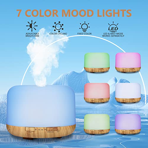 Oil Diffuser, 500ml Essential Oil Diffusers, Aromatherapy Diffuser with 2 Mist Mode 4 Timers＆7 Ambient Light Waterless Auto Off, Diffusers Large Room Home Office