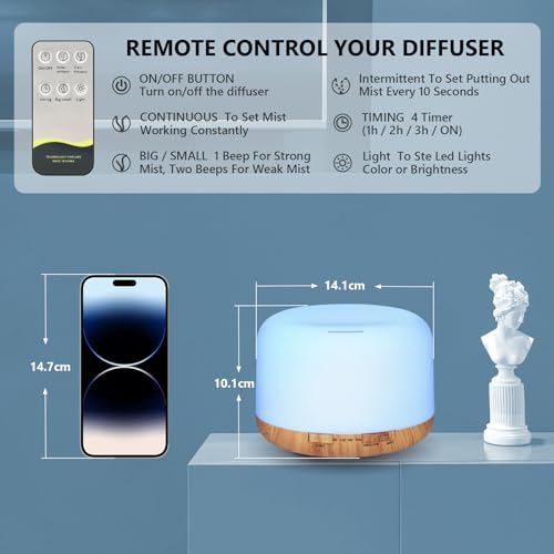 Oil Diffuser, 500ml Essential Oil Diffusers, Aromatherapy Diffuser with 2 Mist Mode 4 Timers＆7 Ambient Light Waterless Auto Off, Diffusers Large Room Home Office