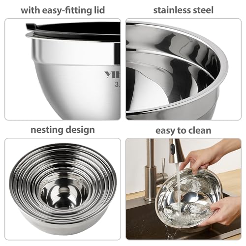 YIHONG Stainless Steel Mixing Bowls Set, 7 Piece Metal Mixing Bowls with Lids Set for Kitchen, Nesting Steel Mixing Bowls Ideal for Baking, Prepping, Cooking, and Serving Food(Black)