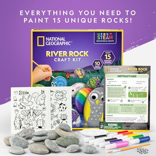 NATIONAL GEOGRAPHIC Rock Painting Kit - Arts and Crafts Kit for Kids, Paint & Decorate 15 River Rocks with 10 Paint Colors & More Art Supplies, Outdoor Toys for Girls and Boys (Amazon Exclusive)