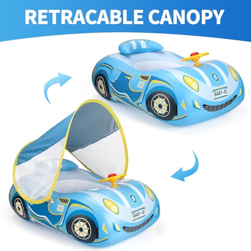 Swimbobo Toddler Pool Float Inflatable Car Baby Swim Float with Adjustable Sun Canopy and Safety Seat Pool Toys for Kids 3+ Years Old