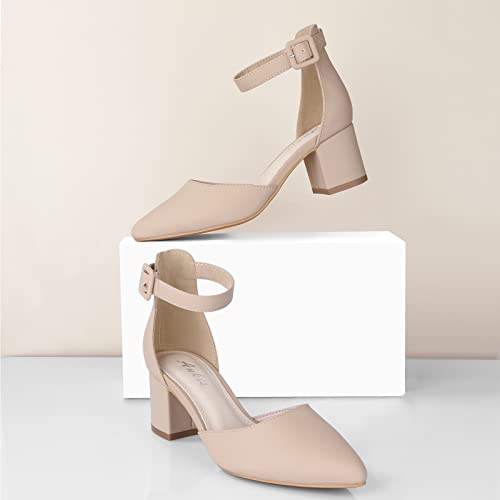 Ankis Closed Toe Heels for Women -Nude Pointed Toe Heels Low Block Chunky Women Pumps with Ankle Strap -2.25 Inch