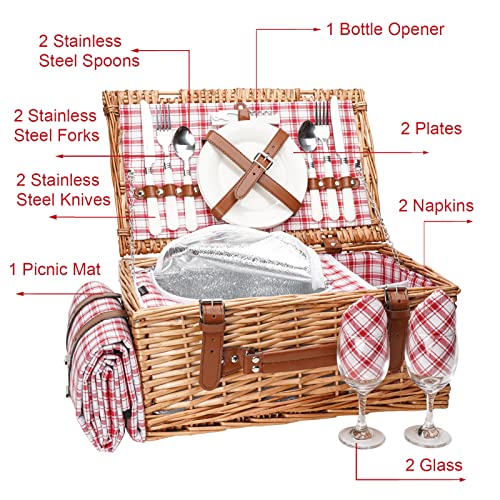 Wicker Picnic Basket Set for 2 Persons with Waterproof Picnic Blanket and Large Insulated Cooler Compartment, Willow Picnic Hamper Basket with Cutlery Service Kits for Camping, Wedding, Anniversary