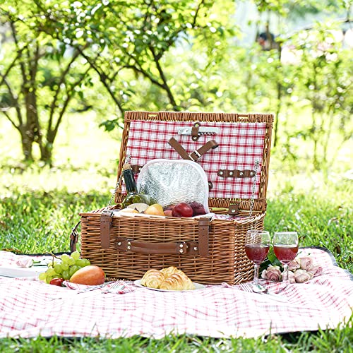 Wicker Picnic Basket Set for 2 Persons with Waterproof Picnic Blanket and Large Insulated Cooler Compartment, Willow Picnic Hamper Basket with Cutlery Service Kits for Camping, Wedding, Anniversary