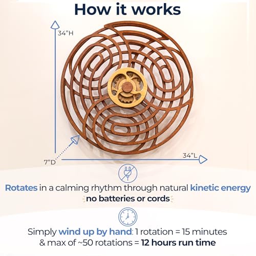 Mindsight Moving Kinetic Wall Art - Wind up to power peaceful 'Ripple' motion (no battery) - Calming Wall Décor for Living Room, Office, Bedroom, Kitchen - Hand Crafted Wood - Canyon Brown