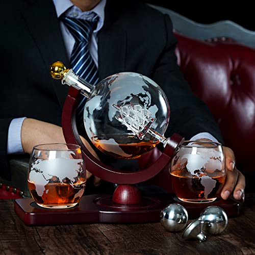 Gifts for Men Dad Fathers Day, Whiskey Decanter Globe Set with 2 Ball Stones & 2 Glasses, Anniversary Birthday Gifts for Him Husband Boyfriend, Unique Gift for Bourbon Scotch Liquor, Cool Stuff