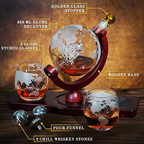 Gifts for Men Dad Fathers Day, Whiskey Decanter Globe Set with 2 Ball Stones & 2 Glasses, Anniversary Birthday Gifts for Him Husband Boyfriend, Unique Gift for Bourbon Scotch Liquor, Cool Stuff