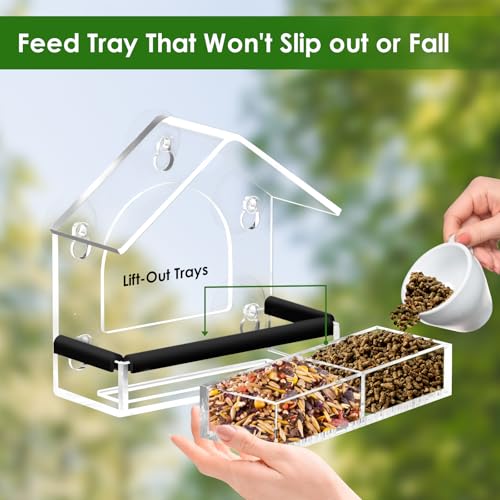 Clear Window Bird Feeder with 5 Extra Strong Suction Cups, DY-SKTY Sturdy and Durable Acrylic Bird Feeders for Viewing Wild Bird Outside, as a Bird Watching Gift, Outdoor Bird Feeder, and Garden Decor