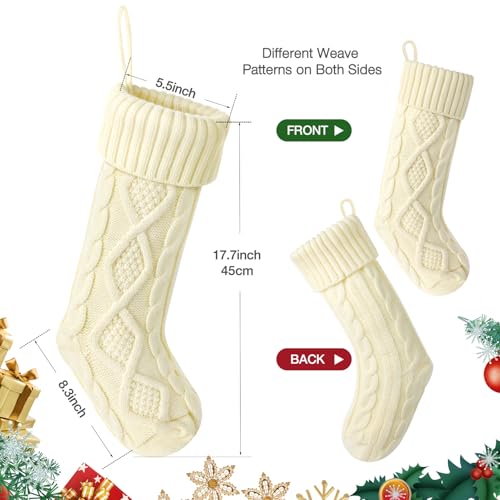 Hommtina Christmas Stockings, Personalized Christmas Stockings 18 Inches Large Size Cable Knitted Stocking Gifts (3pcs White&Red&Green)