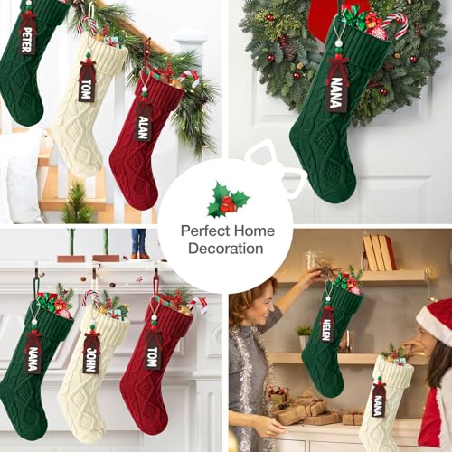 Hommtina Christmas Stockings, Personalized Christmas Stockings 18 Inches Large Size Cable Knitted Stocking Gifts (3pcs White&Red&Green)