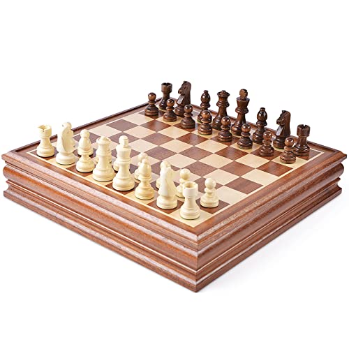 Chess and Checkers Board Game Sets for Adults Wooden Deluxe 15 inch Wood Board Box with Storage, Classic 2 in 1 Large Size with Chess Pieces - 3” King Height - 2 Extra Queens