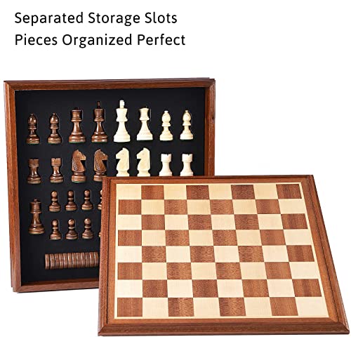 Chess and Checkers Board Game Sets for Adults Wooden Deluxe 15 inch Wood Board Box with Storage, Classic 2 in 1 Large Size with Chess Pieces - 3” King Height - 2 Extra Queens