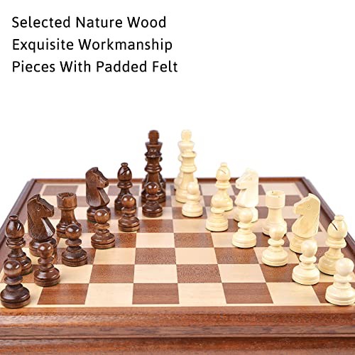 Chess and Checkers Board Game Sets for Adults Wooden Deluxe 15 inch Wood Board Box with Storage, Classic 2 in 1 Large Size with Chess Pieces - 3” King Height - 2 Extra Queens