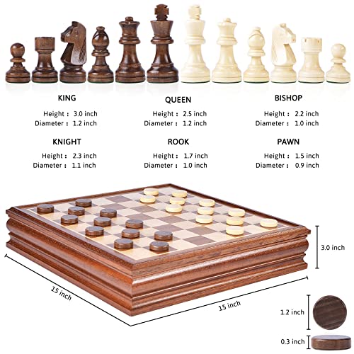 Chess and Checkers Board Game Sets for Adults Wooden Deluxe 15 inch Wood Board Box with Storage, Classic 2 in 1 Large Size with Chess Pieces - 3” King Height - 2 Extra Queens