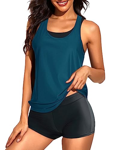 Tempt Me 3 Piece Tankini Swimsuits for Women Athletic Bathing Suits Swim Tank Top with Boy Shorts and Bra Modest Swimwear