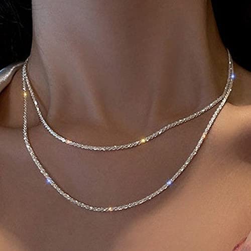 Tasiso Silver Plated Rope Chain Necklace Dainty Shiny Twist Chain Necklace For Women Sparkling Choker Necklace Set Stacking Minimalist Jewelry Gift 38/42CM