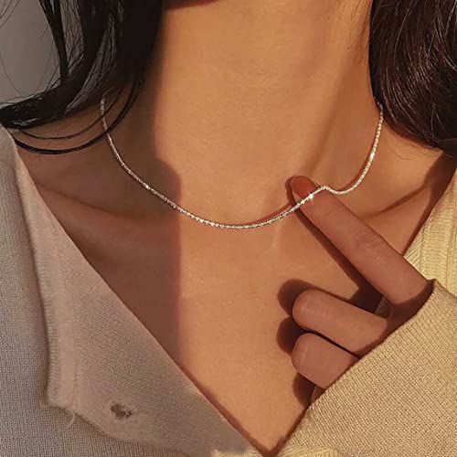 Tasiso Silver Plated Rope Chain Necklace Dainty Shiny Twist Chain Necklace For Women Sparkling Choker Necklace Set Stacking Minimalist Jewelry Gift 38/42CM