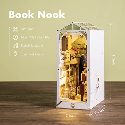 ROBOTIME DIY Book Nook Kit Bookend Stand Bookshelf Insert Bookcase Miniature House with Sensor Light 3D Wooden Puzzle Model Building (Sunshine Town)