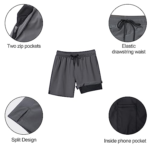 Arcweg Mens Swim Trunks with Compression Liner 2 in 1 Beach Swimming Trunks Quick Dry Swim Shorts with Zipper Pockets