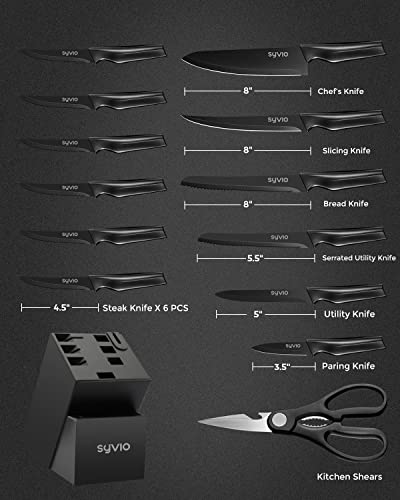 Utility Knife Set, syvio 15pcs Knife Sets for Kitchen with Block and Sharpener, Razor-Sharp, Effortless Sharpening, Premium Kitchen Knives with Heavy Poultry Shears and 6pcs Serrated Steak Knives