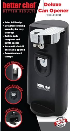 Better Chef Electric Tall Can Opener | 3-in-1 | Built in Knife Sharpener & Bottle Opener | Cord Storage | Auto-Stop (Black)