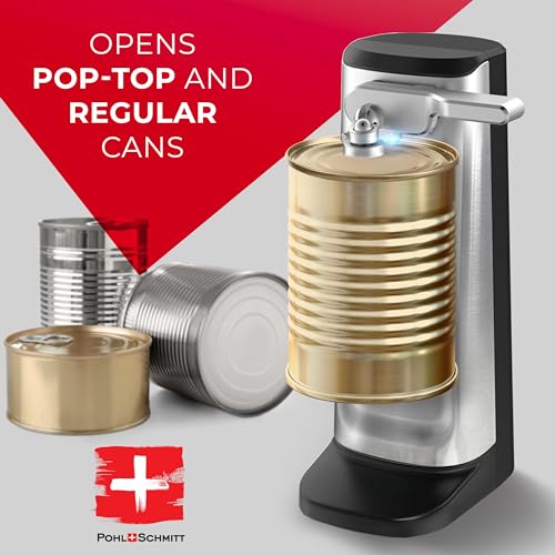 POHL SCHMITT Electric Can Opener with Knife Sharpener & Bottle Opener - Easy Push Down Lever - For All Standard-Size & Pop-Top Cans - Durable Stainless Steel & ABS