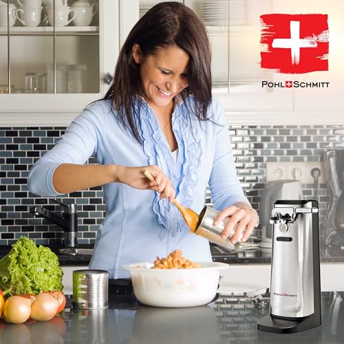 POHL SCHMITT Electric Can Opener with Knife Sharpener & Bottle Opener - Easy Push Down Lever - For All Standard-Size & Pop-Top Cans - Durable Stainless Steel & ABS