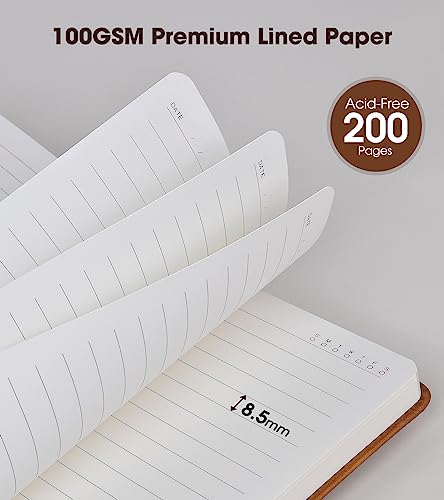 Brown A5 Lined Leather Journal Notebook for Men Women,5.9 X 8.4" Personalized Hardcover Journal with Pen,200 Pages 100 Gsm Thick Ruled Paper Daily Diary for School,Travel,Business,Work,Home Writing