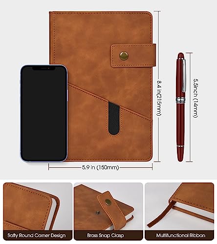 Brown A5 Lined Leather Journal Notebook for Men Women,5.9 X 8.4" Personalized Hardcover Journal with Pen,200 Pages 100 Gsm Thick Ruled Paper Daily Diary for School,Travel,Business,Work,Home Writing