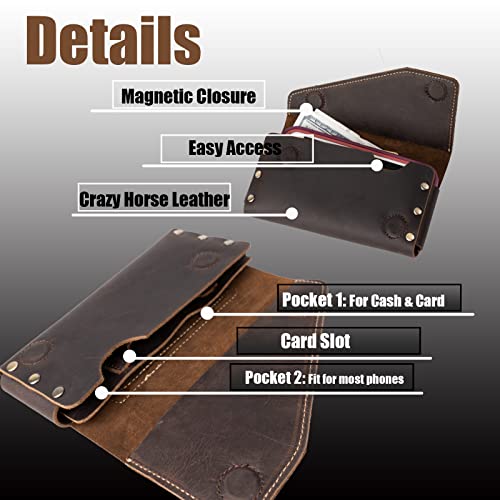 Topstache Leather Phone Holster with Belt Loop, Magnetic Closure Cell Phone Pouch Card Holder Wallet, Handmade Leather Phone holder for iPhone 14 Pro Max,(Fits Phone with Otterbox Case on)XL,Darkbrown