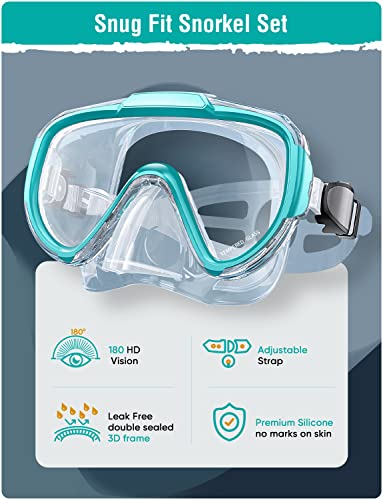 Snorkel Set Adults Snorkeling Gear Anti-Fog Panoramic View Swim Mask Dry Top Snorkel Kit with Carry Bag for Snorkeling Scuba Diving Swimming Travel