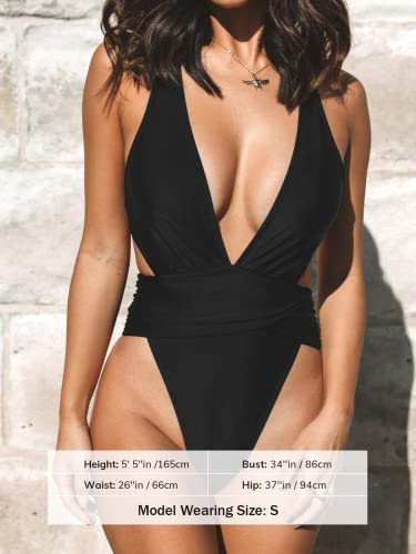 CUPSHE One Piece Swimsuit for Women Bathing Suit Cut Out Cross Back Tie Deep V Neck Ruched High Cut