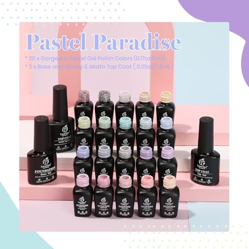 Beetles 23Pcs Gel Nail Polish Kit, Spring Summer Pastel Paradise Macaron Colors Bright Pink Popular Nail Art Solid Sparkle Glitters Gel Polish Set with Base Gel Glossy & Matte Top Coat Gifts for Women