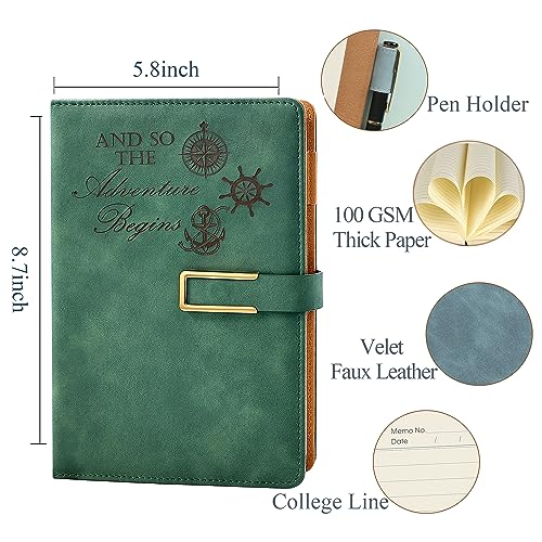 Refillable Adventure Writing Journal for Men & Women Faux Leather Hardcover Notebook A5 College Ruled 200 Lined Pages Lay-Flat Personal Diary with Pen & Magnetic Buckle （Adventure - Green)