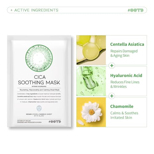 #OOTD Hydrating Soothing Sheet Masks Gift Set for Skincare, Korean Vegan Sheet Mask for Dry, Sensitive Skin, Calming, Smoothing, Brightening, Collagen, Ceramide, Cica, Hyaluronic Acid 30EA