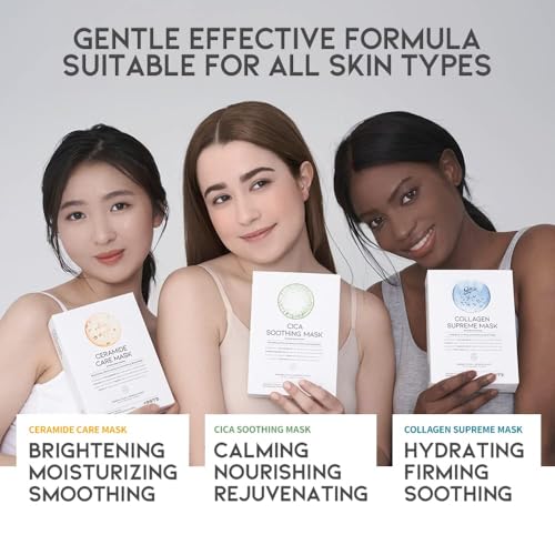 #OOTD Hydrating Soothing Sheet Masks Gift Set for Skincare, Korean Vegan Sheet Mask for Dry, Sensitive Skin, Calming, Smoothing, Brightening, Collagen, Ceramide, Cica, Hyaluronic Acid 30EA